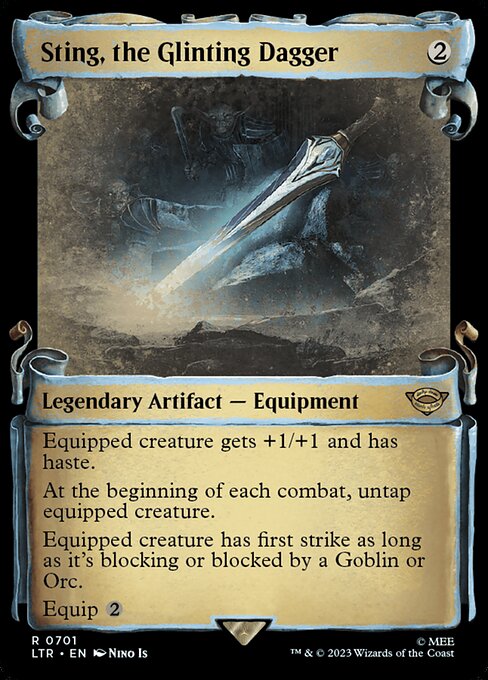 Equipped creature gets +1/+1 and has haste.
At the beginning of each combat, untap equipped creature.
Equipped creature has first strike as long as it's blocking or blocked by a Goblin or Orc.
Equip {2}