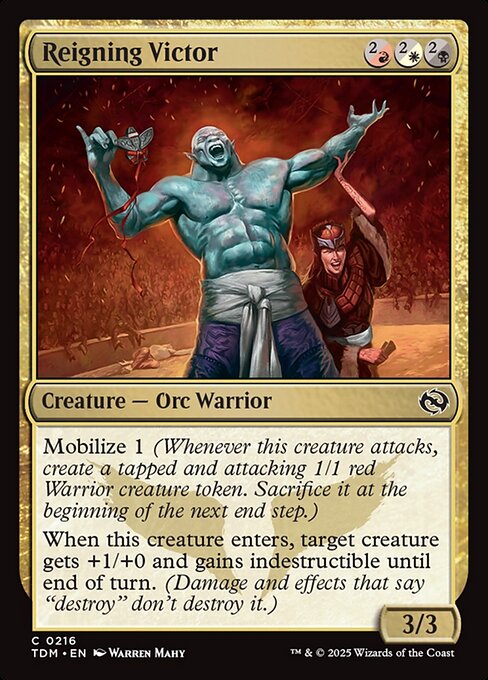 Mobilize 1 (Whenever this creature attacks, create a tapped and attacking 1/1 red Warrior creature token. Sacrifice it at the beginning of the next end step.)
When this creature enters, target creature gets +1/+0 and gains indestructible until end of turn. (Damage and effects that say "destroy" don't destroy it.)