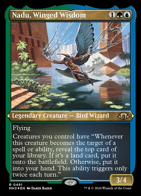 Flying
Creatures you control have "Whenever this creature becomes the target of a spell or ability, reveal the top card of your library. If it's a land card, put it onto the battlefield. Otherwise, put it into your hand. This ability triggers only twice each turn."