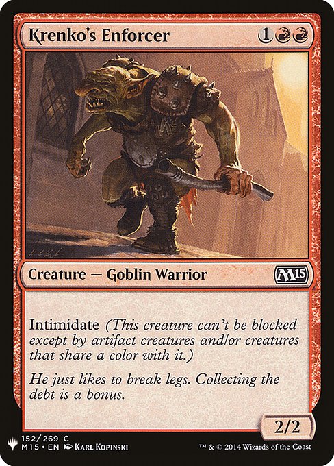 Intimidate (This creature can't be blocked except by artifact creatures and/or creatures that share a color with it.)