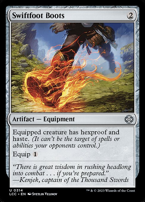 Equipped creature has hexproof and haste. (It can't be the target of spells or abilities your opponents control. It can attack and {T} no matter when it came under your control.)
Equip {1} ({1}: Attach to target creature you control. Equip only as a sorcery.)