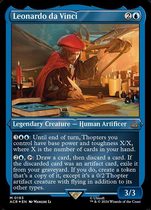 {3}{U}{U}: Until end of turn, Thopters you control have base power and toughness X/X, where X is the number of cards in your hand.
{2}{U}, {T}: Draw a card, then discard a card. If the discarded card was an artifact card, exile it from your graveyard. If you do, create a token that's a copy of it, except it's a 0/2 Thopter artifact creature with flying in addition to its other types.