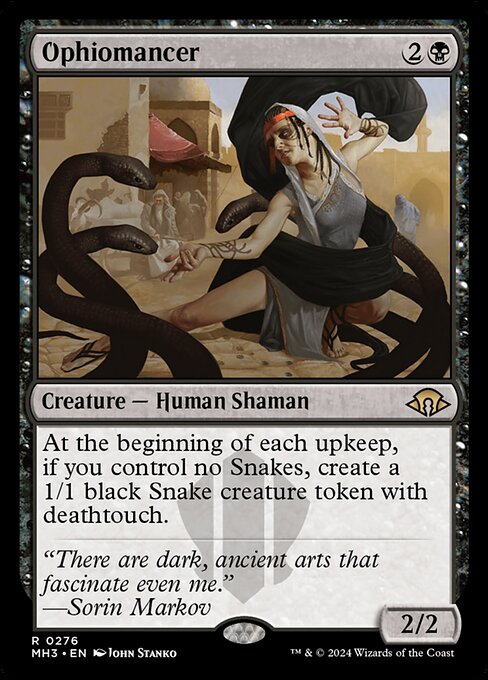 At the beginning of each upkeep, if you control no Snakes, create a 1/1 black Snake creature token with deathtouch.