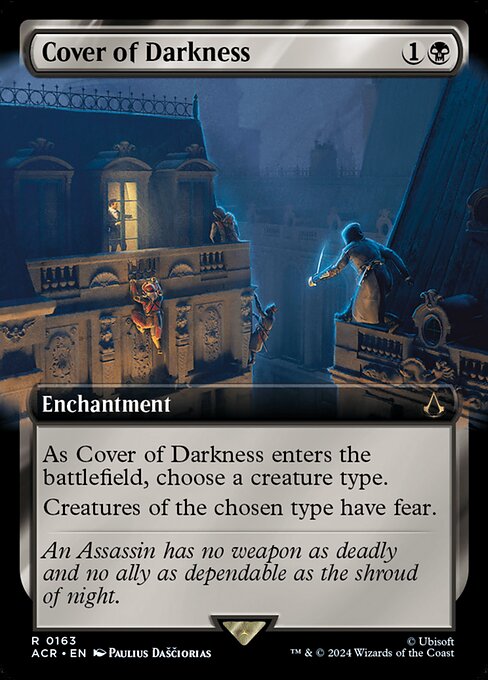 As Cover of Darkness enters the battlefield, choose a creature type.
Creatures of the chosen type have fear. (They can't be blocked except by artifact creatures and/or black creatures.)