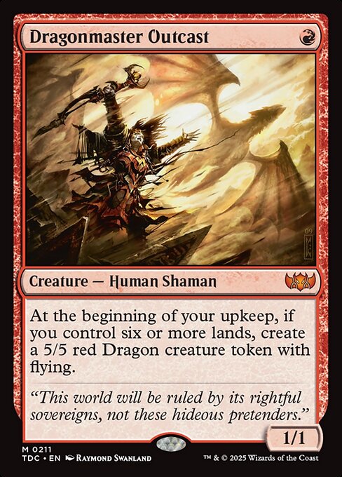 At the beginning of your upkeep, if you control six or more lands, create a 5/5 red Dragon creature token with flying.