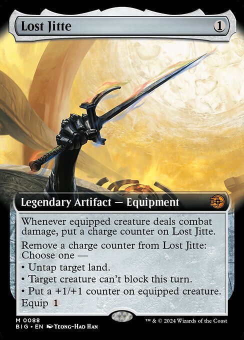 Whenever equipped creature deals combat damage, put a charge counter on Lost Jitte.
Remove a charge counter from Lost Jitte: Choose one —
• Untap target land.
• Target creature can't block this turn.
• Put a +1/+1 counter on equipped creature.
Equip {1}