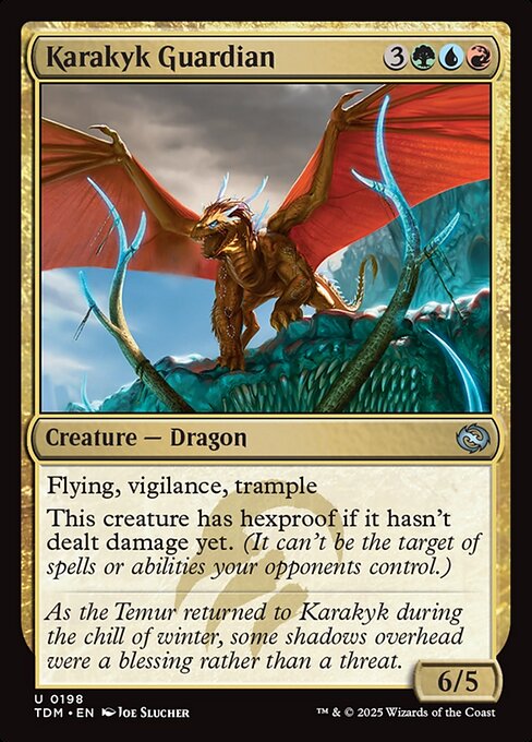 Flying, vigilance, trample
This creature has hexproof if it hasn't dealt damage yet. (It can't be the target of spells or abilities your opponents control.)