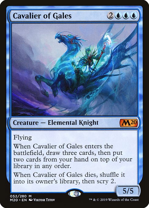 Flying
When Cavalier of Gales enters the battlefield, draw three cards, then put two cards from your hand on top of your library in any order.
When Cavalier of Gales dies, shuffle it into its owner's library, then scry 2.