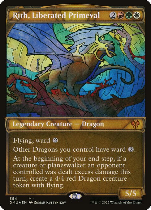 Flying, ward {2}
Other Dragons you control have ward {2}.
At the beginning of your end step, if a creature or planeswalker an opponent controlled was dealt excess damage this turn, create a 4/4 red Dragon creature token with flying.