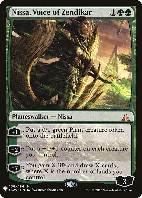 +1: Create a 0/1 green Plant creature token.
−2: Put a +1/+1 counter on each creature you control.
−7: You gain X life and draw X cards, where X is the number of lands you control.