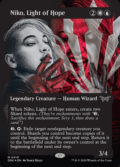 When Niko, Light of Hope enters, create two Shard tokens. (They're enchantments with "{2}, Sacrifice this enchantment: Scry 1, then draw a card.")
{2}, {T}: Exile target nonlegendary creature you control. Shards you control become copies of it until the beginning of the next end step. Return it to the battlefield under its owner's control at the beginning of the next end step.