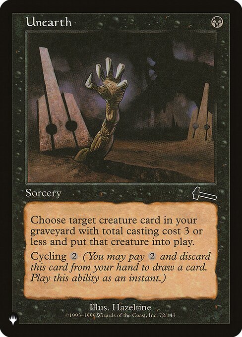 Return target creature card with mana value 3 or less from your graveyard to the battlefield.
Cycling {2} ({2}, Discard this card: Draw a card.)