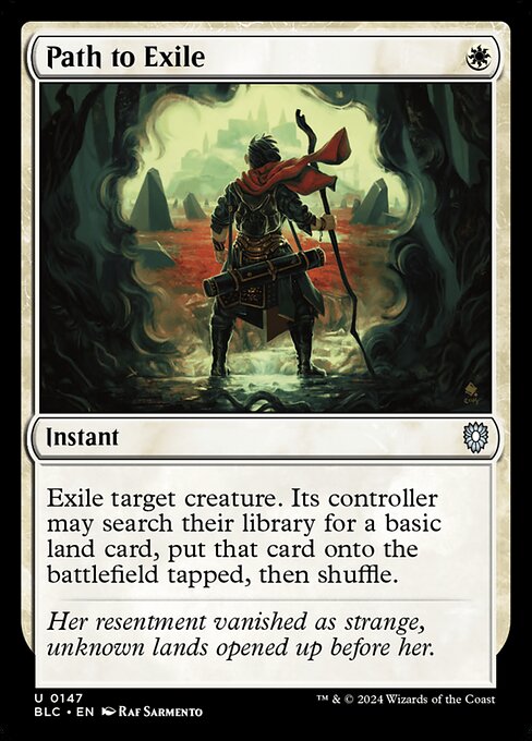Exile target creature. Its controller may search their library for a basic land card, put that card onto the battlefield tapped, then shuffle.