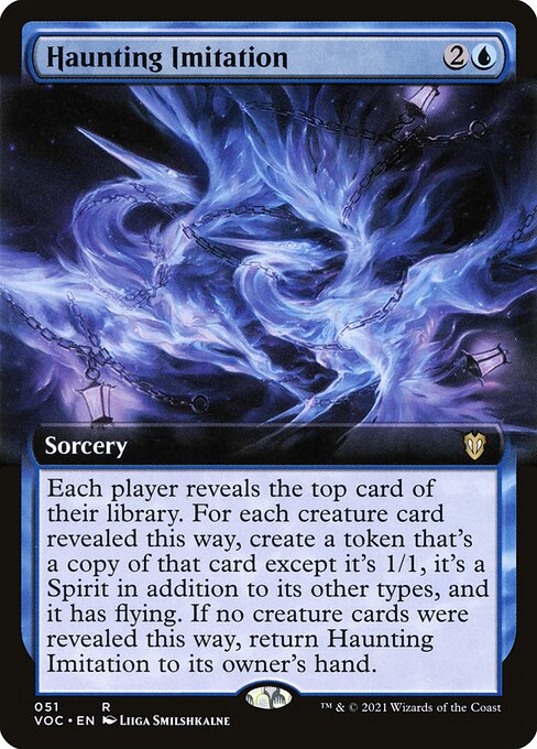 Each player reveals the top card of their library. For each creature card revealed this way, create a token that's a copy of that card, except it's 1/1, it's a Spirit in addition to its other types, and it has flying. If no creature cards were revealed this way, return Haunting Imitation to its owner's hand.