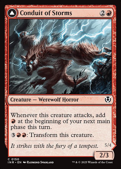 Whenever this creature attacks, add {R} at the beginning of your next main phase this turn.
{3}{R}{R}: Transform this creature.   Whenever this creature attacks, add {C}{C} at the beginning of your next main phase this turn.