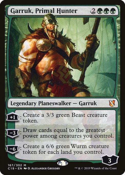 '+1: Create a 3/3 green Beast creature token.
−3: Draw cards equal to the greatest power among creatures you control.
−6: Create a 6/6 green Wurm creature token for each land you control.