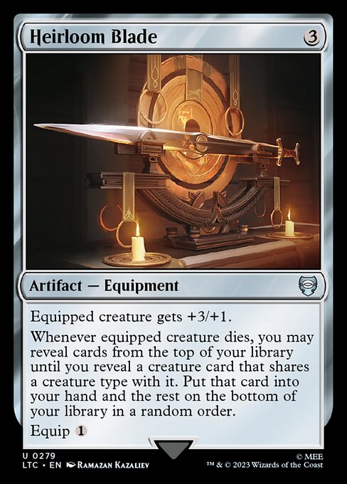 Equipped creature gets +3/+1.
Whenever equipped creature dies, you may reveal cards from the top of your library until you reveal a creature card that shares a creature type with it. Put that card into your hand and the rest on the bottom of your library in a random order.
Equip {1}