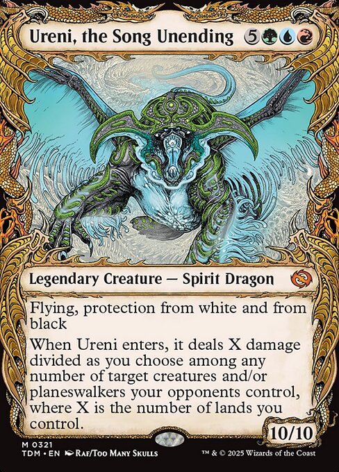 Flying, protection from white and from black
When Ureni enters, it deals X damage divided as you choose among any number of target creatures and/or planeswalkers your opponents control, where X is the number of lands you control.