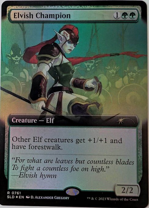 Other Elf creatures get +1/+1 and have forestwalk. (They can't be blocked as long as defending player controls a Forest.)