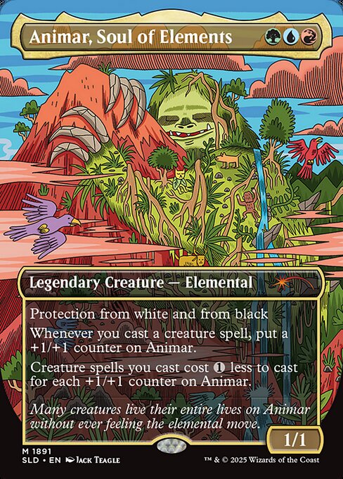 Protection from white and from black
Whenever you cast a creature spell, put a +1/+1 counter on Animar.
Creature spells you cast cost {1} less to cast for each +1/+1 counter on Animar.