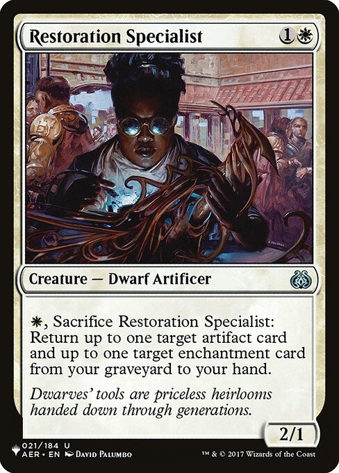 {W}, Sacrifice Restoration Specialist: Return up to one target artifact card and up to one target enchantment card from your graveyard to your hand.
