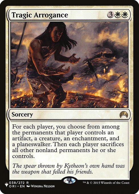 For each player, you choose from among the permanents that player controls an artifact, a creature, an enchantment, and a planeswalker. Then each player sacrifices all other nonland permanents they control.