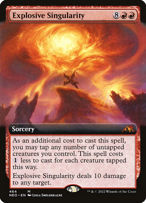 As an additional cost to cast this spell, you may tap any number of untapped creatures you control. This spell costs {1} less to cast for each creature tapped this way.
Explosive Singularity deals 10 damage to any target.