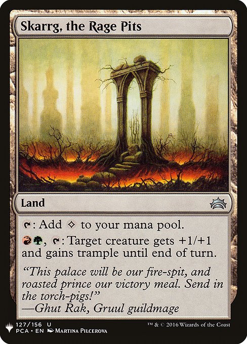 {T}: Add {C}.
{R}{G}, {T}: Target creature gets +1/+1 and gains trample until end of turn.