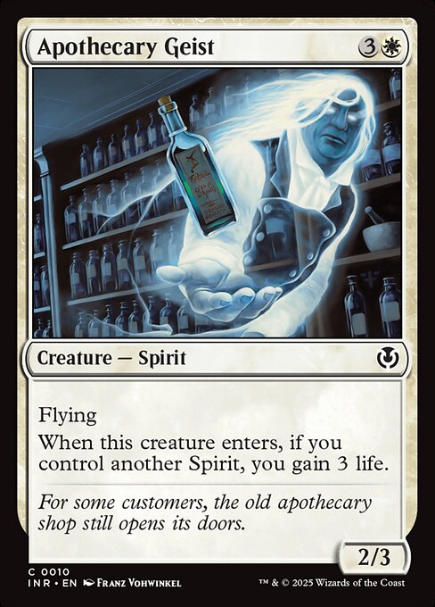 Flying
When Apothecary Geist enters, if you control another Spirit, you gain 3 life.
