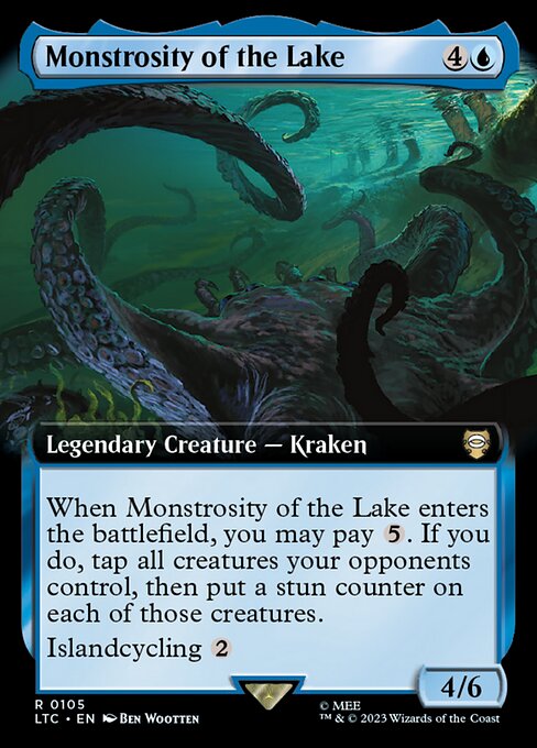 When Monstrosity of the Lake enters, you may pay {5}. If you do, tap all creatures your opponents control, then put a stun counter on each of those creatures. (If a permanent with a stun counter would become untapped, remove one from it instead.)
Islandcycling {2} ({2}, Discard this card: Search your library for an Island card, reveal it, put it into your hand, then shuffle.)