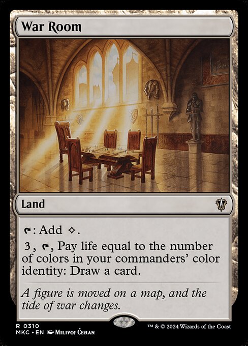 {T}: Add {C}.
{3}, {T}, Pay life equal to the number of colors in your commanders' color identity: Draw a card.