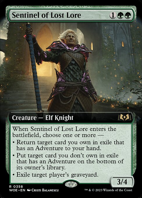 When Sentinel of Lost Lore enters the battlefield, choose one or more —
• Return target card you own in exile that has an Adventure to your hand.
• Put target card you don't own in exile that has an Adventure on the bottom of its owner's library.
• Exile target player's graveyard.
