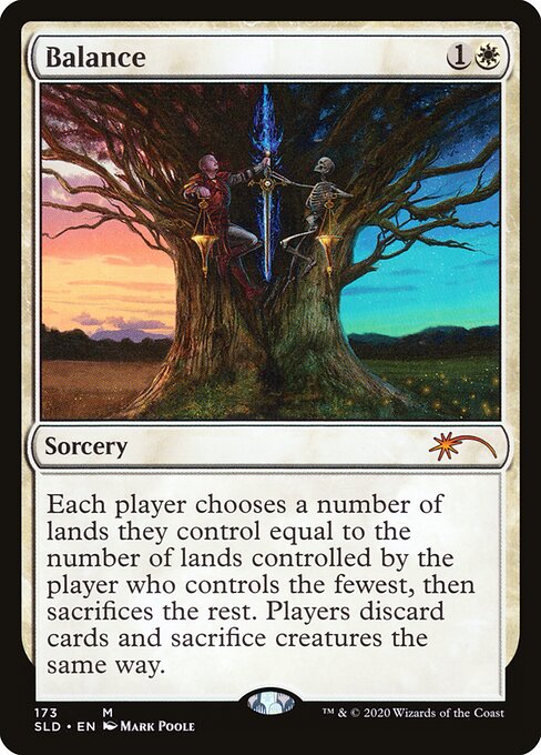 Each player chooses a number of lands they control equal to the number of lands controlled by the player who controls the fewest, then sacrifices the rest. Players discard cards and sacrifice creatures the same way.