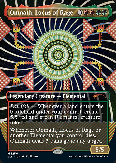 Landfall — Whenever a land enters the battlefield under your control, create a 5/5 red and green Elemental creature token.
Whenever Omnath, Locus of Rage or another Elemental you control dies, Omnath deals 3 damage to any target.