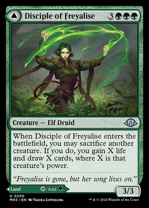 When Disciple of Freyalise enters the battlefield, you may sacrifice another creature. If you do, you gain X life and draw X cards, where X is that creature's power. As Garden of Freyalise enters the battlefield, you may pay 3 life. If you don't, it enters the battlefield tapped.
{T}: Add {G}.