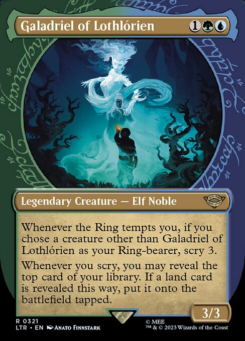 Whenever the Ring tempts you, if you chose a creature other than Galadriel of Lothlórien as your Ring-bearer, scry 3.
Whenever you scry, you may reveal the top card of your library. If a land card is revealed this way, put it onto the battlefield tapped.