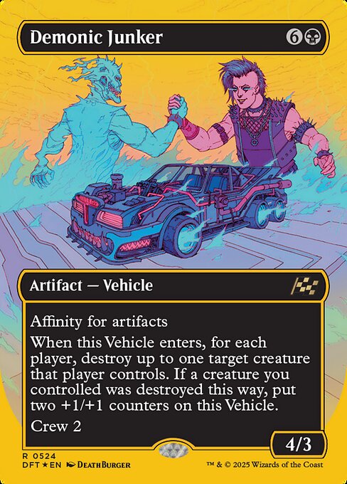 Affinity for artifacts (This spell costs {1} less to cast for each artifact you control.)
When this Vehicle enters, for each player, destroy up to one target creature that player controls. If a creature you controlled was destroyed this way, put two +1/+1 counters on this Vehicle.
Crew 2