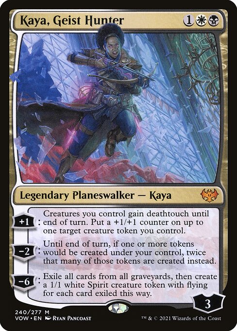 +1: Creatures you control gain deathtouch until end of turn. Put a +1/+1 counter on up to one target creature token you control.
−2: Until end of turn, if one or more tokens would be created under your control, twice that many of those tokens are created instead.
−6: Exile all cards from all graveyards, then create a 1/1 white Spirit creature token with flying for each card exiled this way.