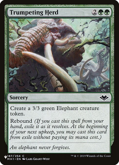 Create a 3/3 green Elephant creature token.
Rebound (If you cast this spell from your hand, exile it as it resolves. At the beginning of your next upkeep, you may cast this card from exile without paying its mana cost.)