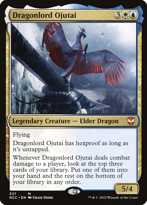 Flying
Dragonlord Ojutai has hexproof as long as it's untapped.
Whenever Dragonlord Ojutai deals combat damage to a player, look at the top three cards of your library. Put one of them into your hand and the rest on the bottom of your library in any order.