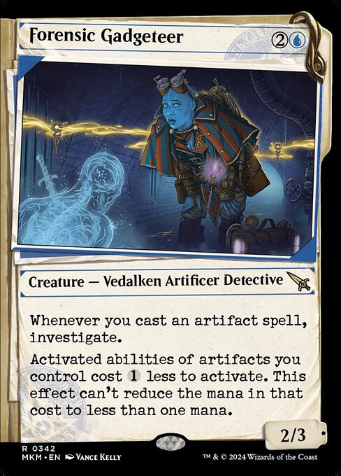 Whenever you cast an artifact spell, investigate. (Create a Clue token. It's an artifact with "{2}, Sacrifice this artifact: Draw a card.")
Activated abilities of artifacts you control cost {1} less to activate. This effect can't reduce the mana in that cost to less than one mana.