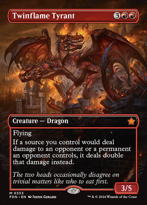 Flying
If a source you control would deal damage to an opponent or a permanent an opponent controls, it deals double that damage instead.