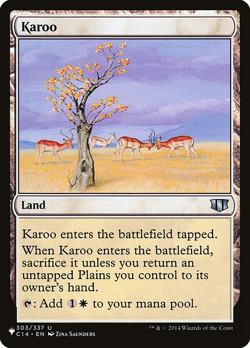 Karoo enters tapped.
When Karoo enters, sacrifice it unless you return an untapped Plains you control to its owner's hand.
{T}: Add {C}{W}.