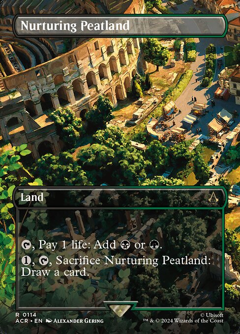 {T}, Pay 1 life: Add {B} or {G}.
{1}, {T}, Sacrifice Nurturing Peatland: Draw a card.