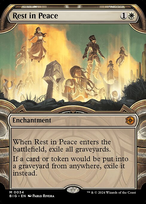 When Rest in Peace enters the battlefield, exile all graveyards.
If a card or token would be put into a graveyard from anywhere, exile it instead.