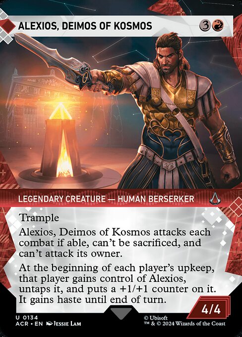 Trample
Alexios, Deimos of Kosmos attacks each combat if able, can't be sacrificed, and can't attack its owner.
At the beginning of each player's upkeep, that player gains control of Alexios, untaps it, and puts a +1/+1 counter on it. It gains haste until end of turn.