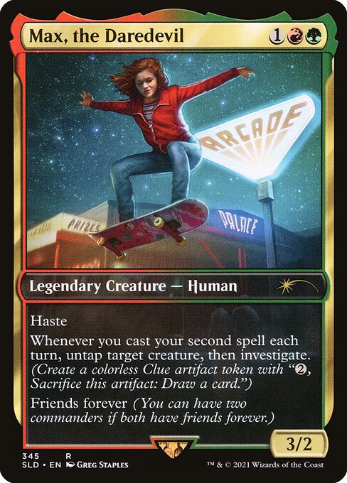 Haste
Whenever you cast your second spell each turn, untap target creature, then investigate. (Create a colorless Clue artifact token with "{2}, Sacrifice this artifact: Draw a card.")
Friends forever (You can have two commanders if both have friends forever.)
