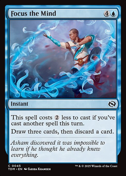 This spell costs {2} less to cast if you've cast another spell this turn.
Draw three cards, then discard a card.