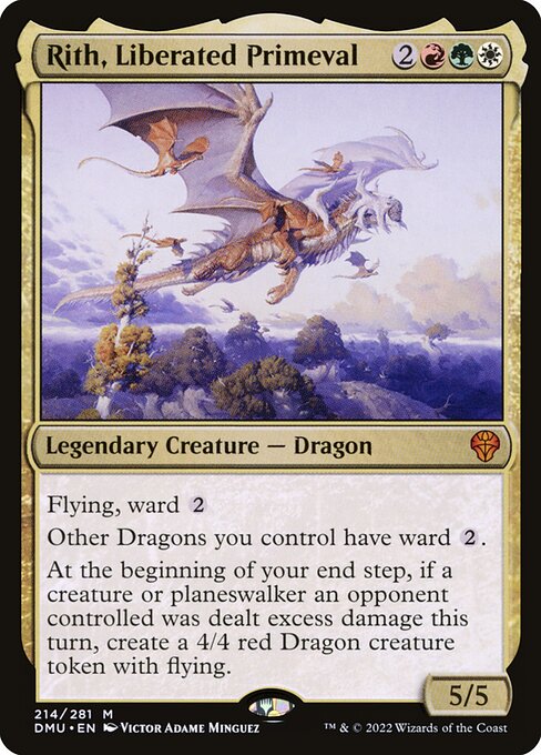 Flying, ward {2}
Other Dragons you control have ward {2}.
At the beginning of your end step, if a creature or planeswalker an opponent controlled was dealt excess damage this turn, create a 4/4 red Dragon creature token with flying.