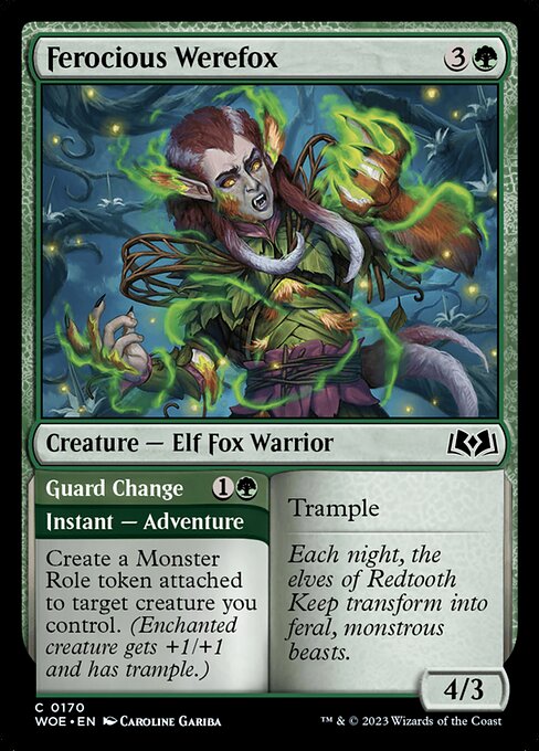 Trample Create a Monster Role token attached to target creature you control. (Enchanted creature gets +1/+1 and has trample.)